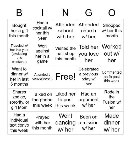 Teunnia's 40th BDay Bingo Card