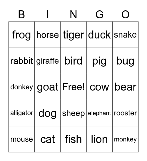 Animals Bingo Card