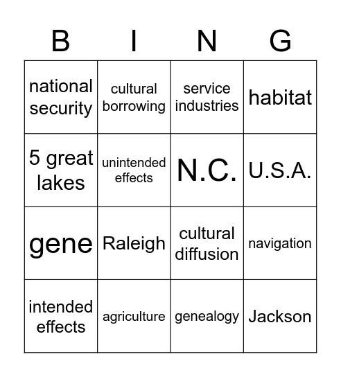 OB Unit 7 Bingo Card