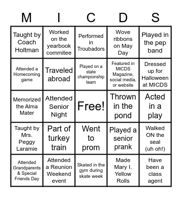 MICDS Bucket List Bingo Card