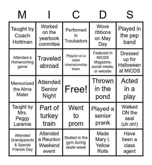 MICDS Bucket List Bingo Card