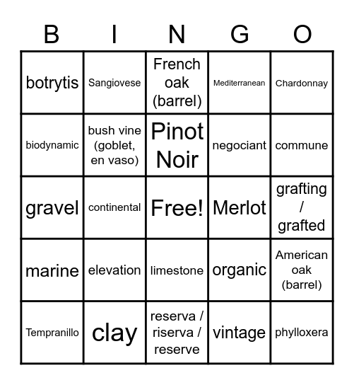 Wine 101 Bingo Card