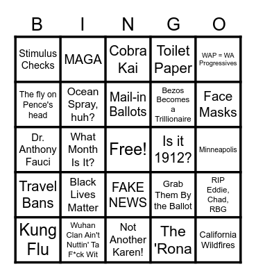 2020 Pandemic BINGO Sample Bingo Card