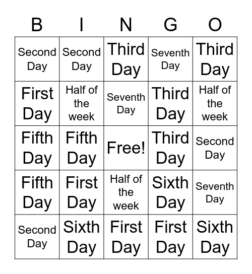 Days of the Week Bingo Card