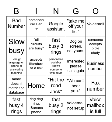 Phone call Bingo Card