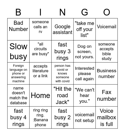 Phone call Bingo Card