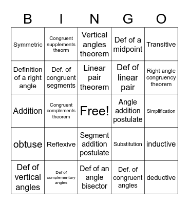 Geometric proofs reasons Bingo Card