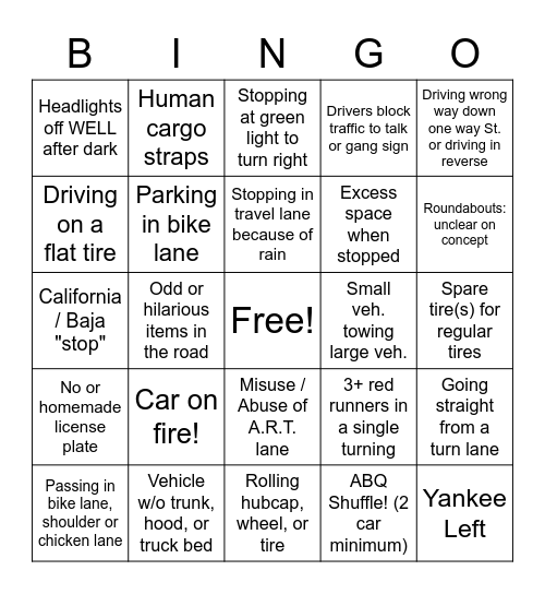 Albuquerque Driving Bingo III Bingo Card