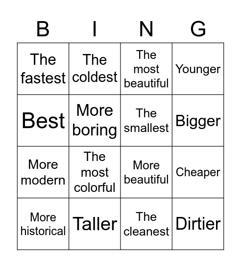 Comparatives and Superlatives Bingo Card
