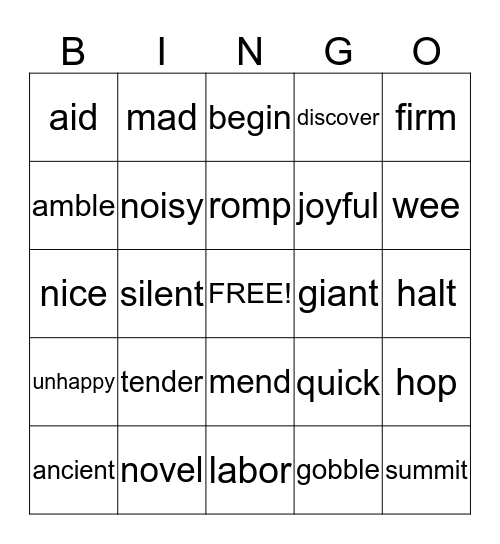 Synonym Bingo Card