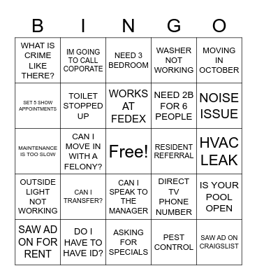 LEASING CALL BINGO Card