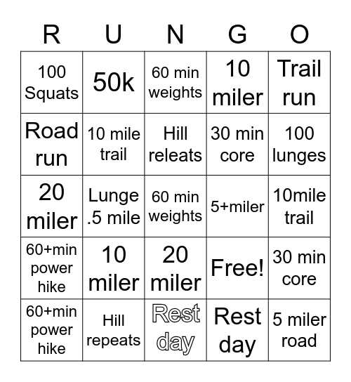 RUNGO Bingo Card