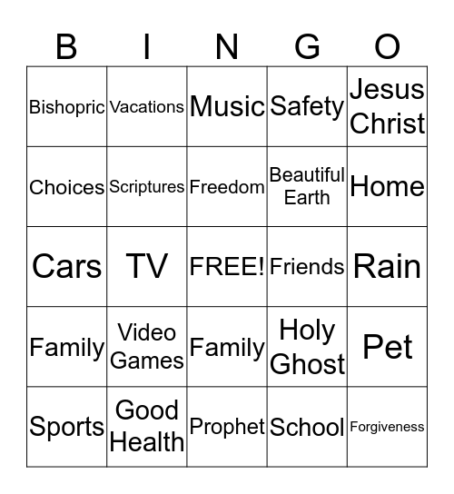Thankful Things to Pray For Bingo Card