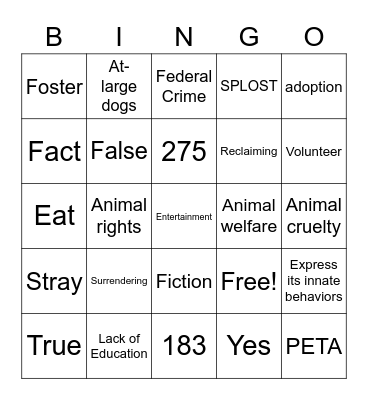 ACC Animal Services Bingo Card