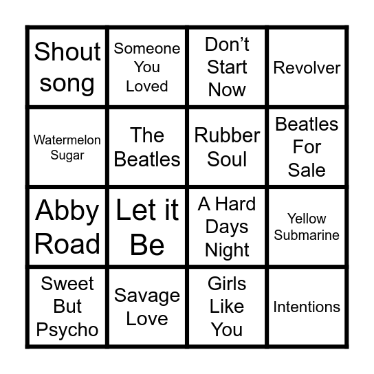 Musical Bingo Card