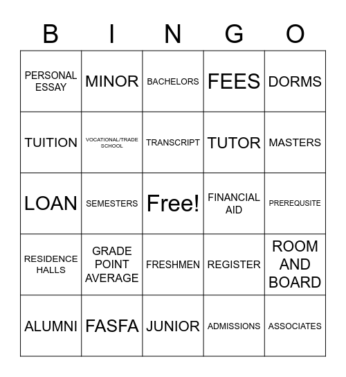 College Prep Bingo Card