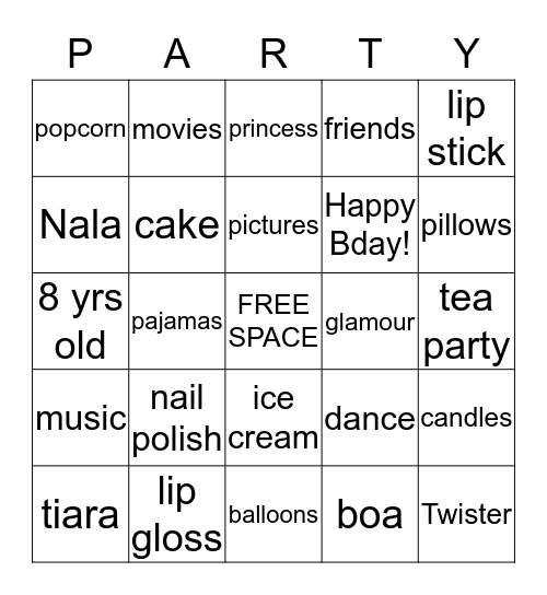 Slumber Party Bingo Card