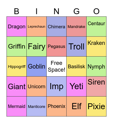 Mythical Creatures Bingo Card