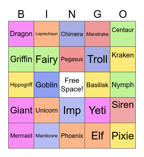 Mythical Creatures Bingo Card