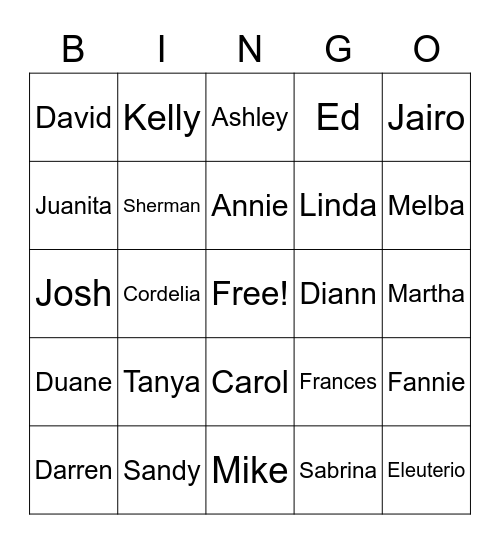 Names Bingo Card