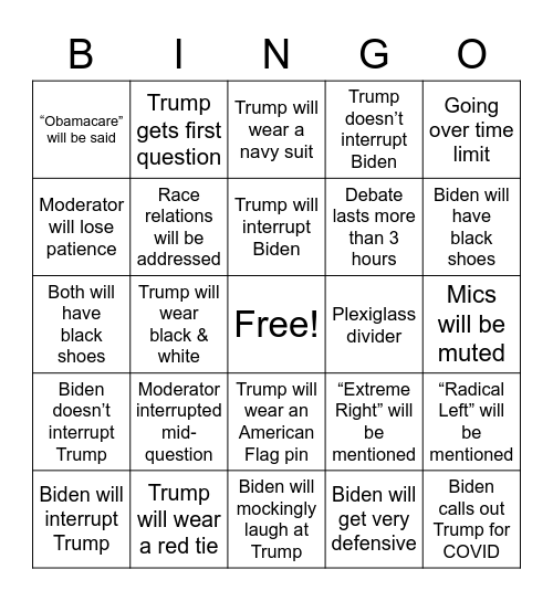 Coopers Debate Bingo Card