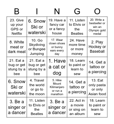 WOULD YOU RATHER Bingo Card