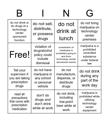 Drug/Alcohol Policy Bingo Card