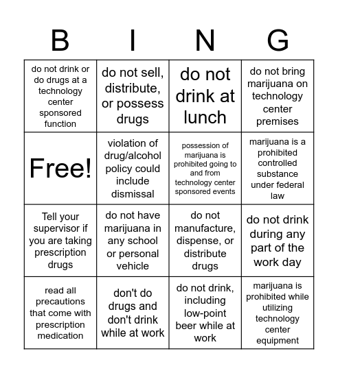 Drug/Alcohol Policy Bingo Card