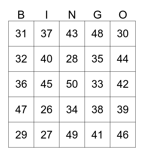 Bingo Counting (26-50) Bingo Card