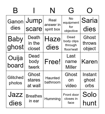 Bingophobia Bingo Card