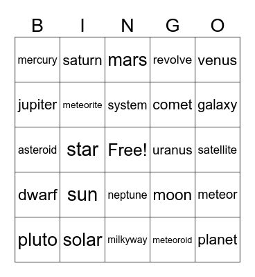 Solar System Bingo Card