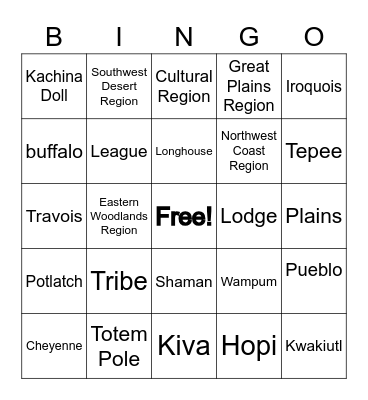 Native American Vocabulary Bingo Card