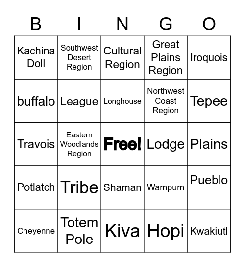 Native American Vocabulary Bingo Card