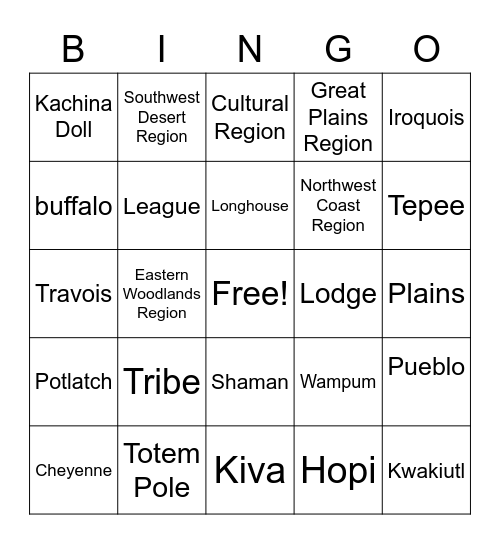 Native American Vocabulary Bingo Card