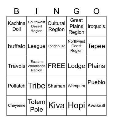 Native American Vocabulary Bingo Card