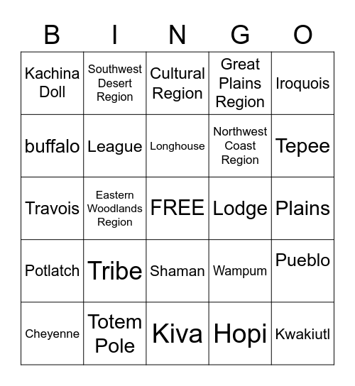 Native American Vocabulary Bingo Card