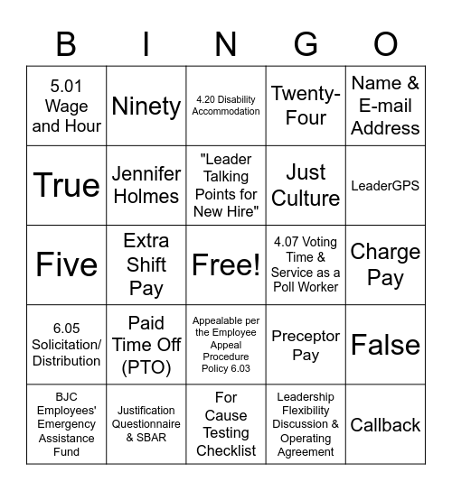 BJWC Policies & Procedures Bingo Card