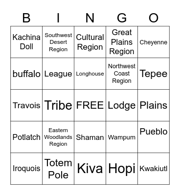Native American Vocabulary Bingo Card