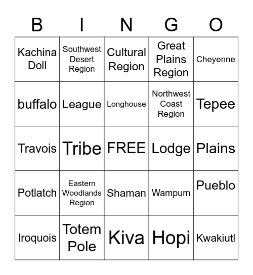 Native American Vocabulary Bingo Card