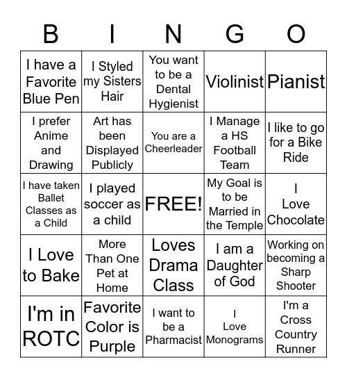 Glen Allen YW Bingo Card