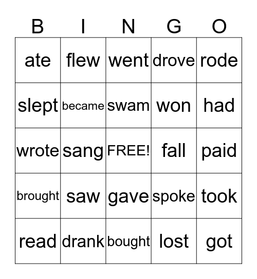 Irregular verbs Bingo Card