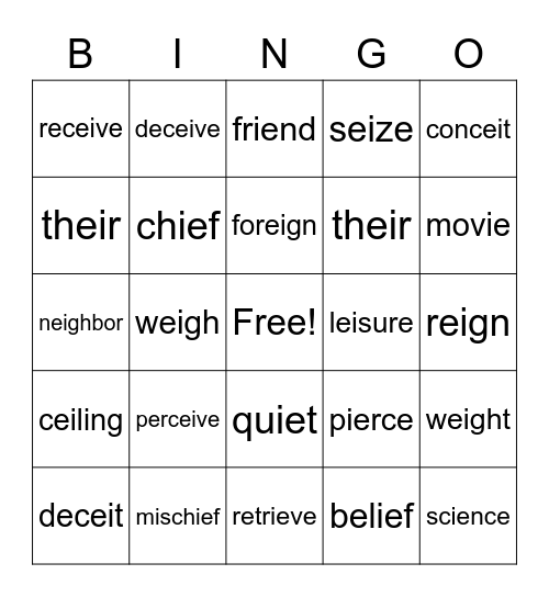 EI OR IE Bingo Card