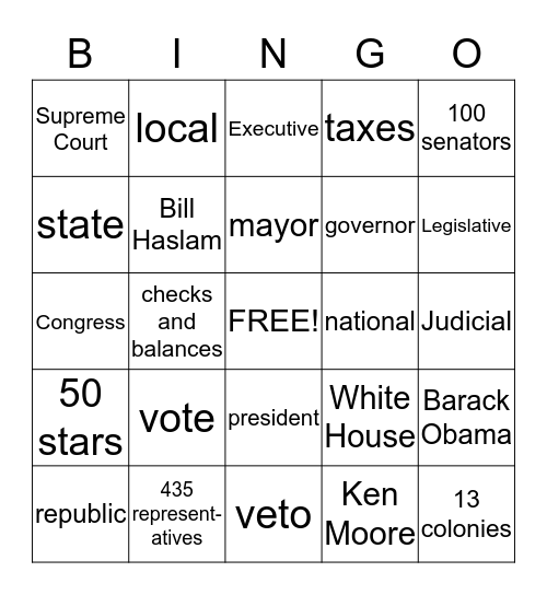United States Government Bingo Card