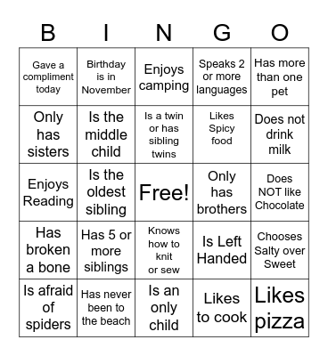 Getting To Know You Bingo Card