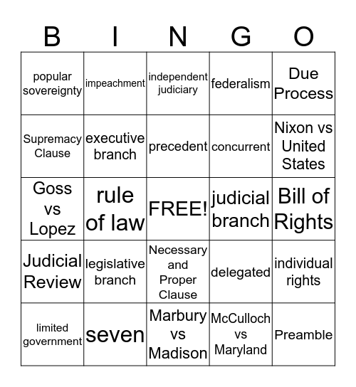 Unit 4 The Constitution Bingo Card