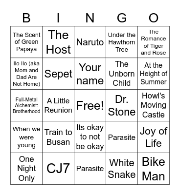 Dramas/TV/Movie Bingo Card
