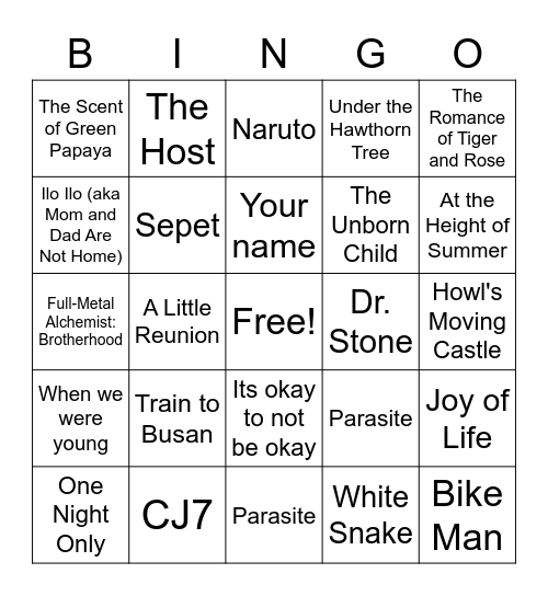 Dramas/TV/Movie Bingo Card