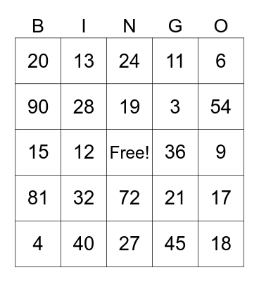 Multiplication Bingo Card