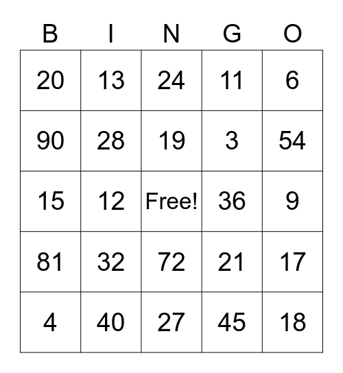 Multiplication Bingo Card