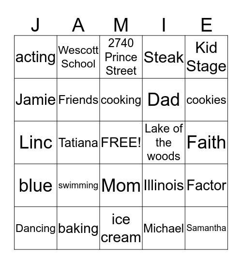 Jamie's Birthday party Bingo Card